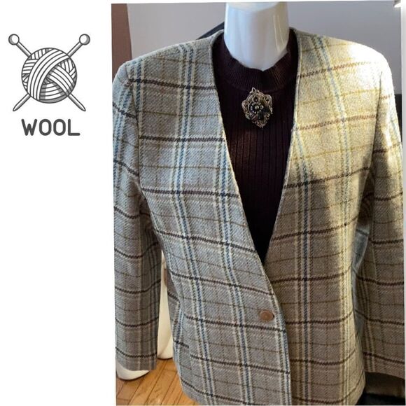 VINTAGE Collections Internationale plaid wool blend collarless blazer - Picture 2 of 10